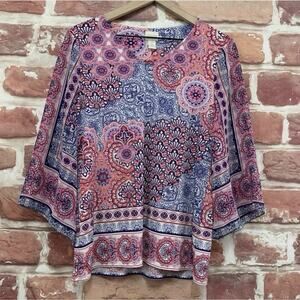 Chicos Top Shirt Womens S Multicolor Boho Floral Mandala Abstract Casual Popover